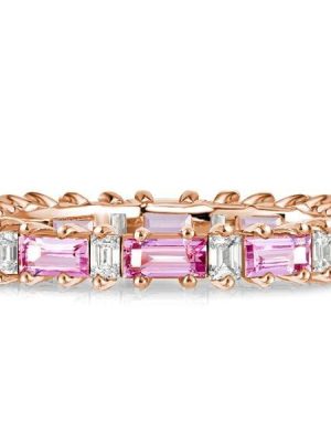 Baguette Cut Pink Eternity Wedding Band in Rhodium Plated 925 Sterling Silver