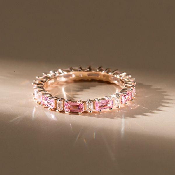 Baguette Cut Pink Eternity Wedding Band in Rhodium Plated 925 Sterling Silver