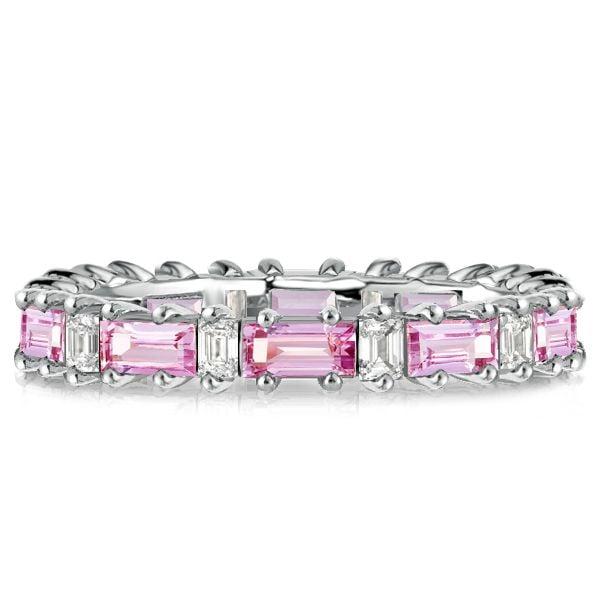 Baguette Cut Pink Eternity Wedding Band in Rhodium Plated 925 Sterling Silver