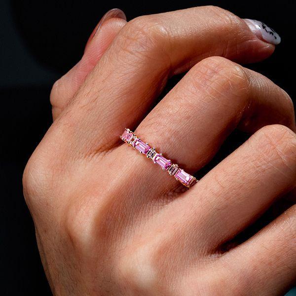 Baguette Cut Pink Eternity Wedding Band in Rhodium Plated 925 Sterling Silver