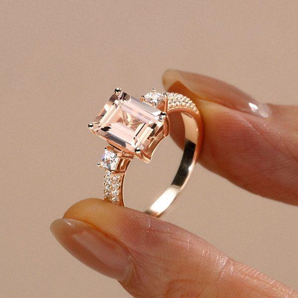 Rose Gold Morganite Emerald Cut Promise Ring - 18K Plated Sterling Silver
