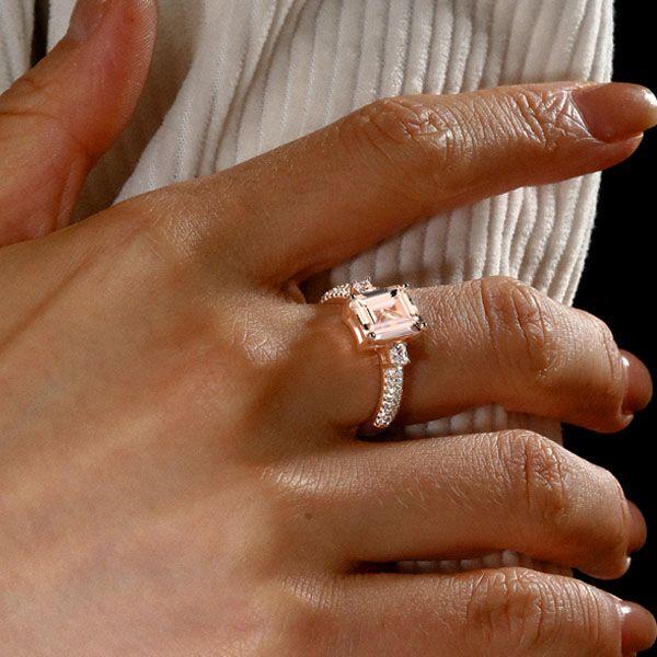 Rose Gold Morganite Emerald Cut Promise Ring - 18K Plated Sterling Silver