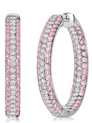 Micro-Pave Pink Sapphire Oval Hoop Earrings in 925 Sterling Silver for Women