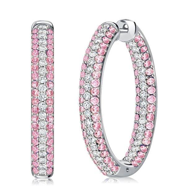 Micro-Pave Pink Sapphire Oval Hoop Earrings in 925 Sterling Silver for Women