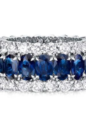Sterling Silver Eternity Wedding Band with Triple Row Blue Oval & Round Cut Stones