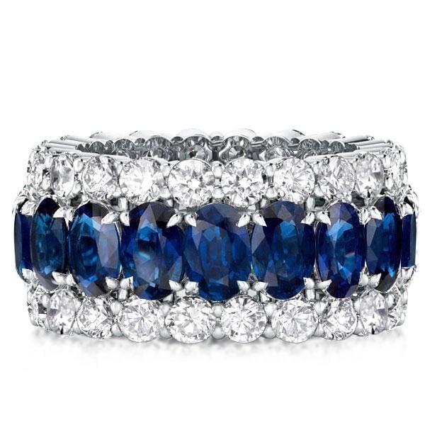 Sterling Silver Eternity Wedding Band with Triple Row Blue Oval & Round Cut Stones