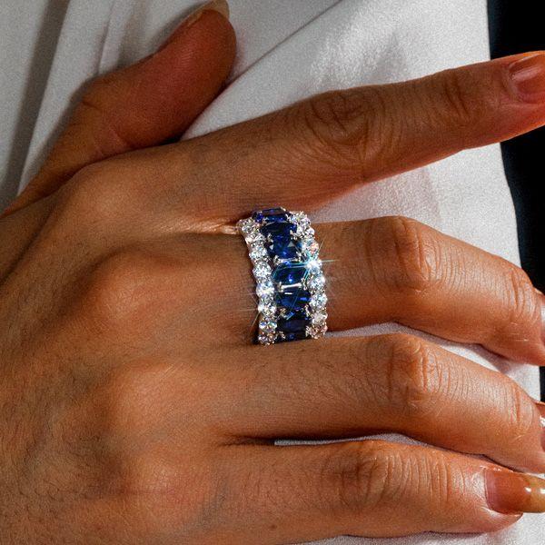 Sterling Silver Eternity Wedding Band with Triple Row Blue Oval & Round Cut Stones