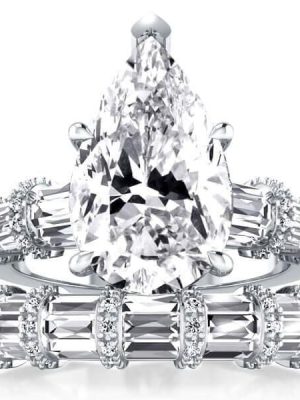 Pear Cut White Sapphire Bridal Set in 925 Sterling Silver - Solitaire Ribbon Design