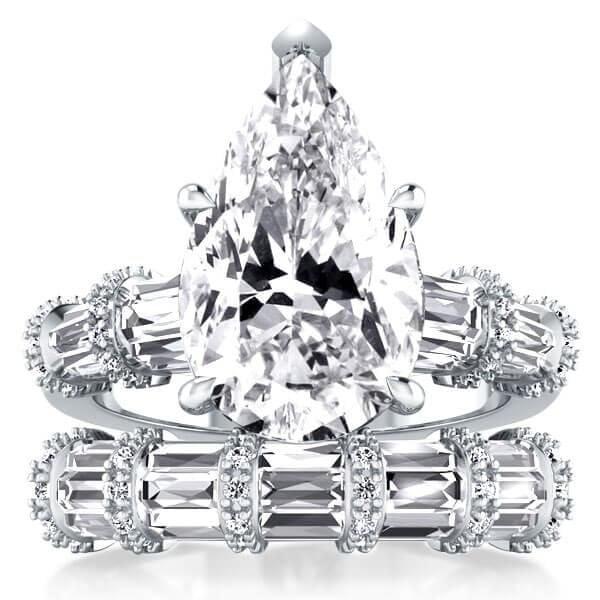 Pear Cut White Sapphire Bridal Set in 925 Sterling Silver - Solitaire Ribbon Design