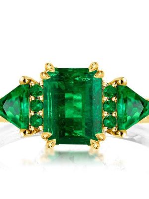Emerald Cut Emerald Engagement Ring - Golden Three Stone Ring in 18K Gold Plated Sterling Silver