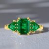 Emerald Cut Emerald Engagement Ring - Golden Three Stone Ring in 18K Gold Plated Sterling Silver