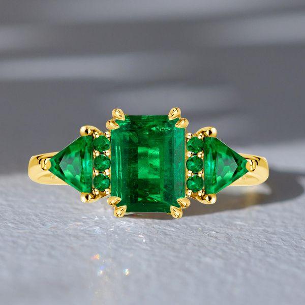 Emerald Cut Emerald Engagement Ring - Golden Three Stone Ring in 18K Gold Plated Sterling Silver