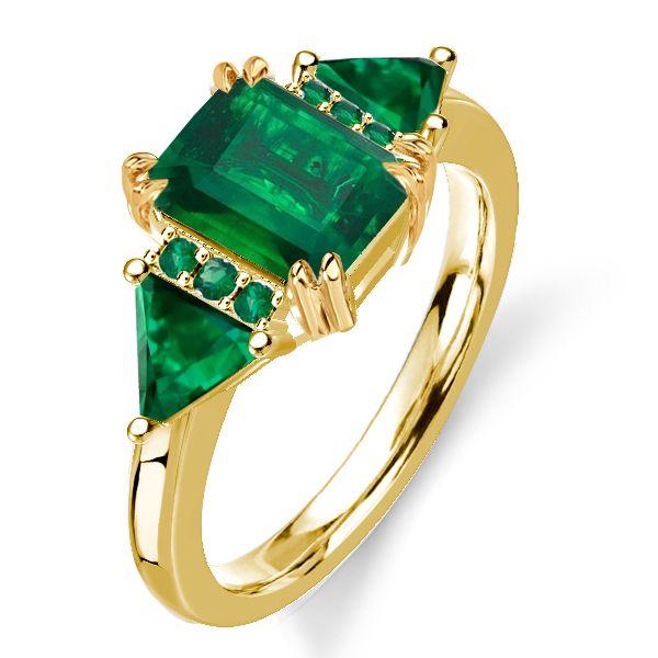 Emerald Cut Emerald Engagement Ring - Golden Three Stone Ring in 18K Gold Plated Sterling Silver