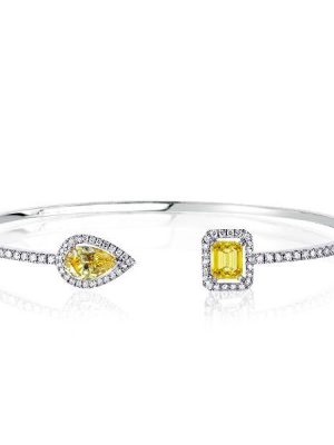 Sterling Silver Pear & Emerald Cut Yellow Sapphire Bangle Bracelet for Women