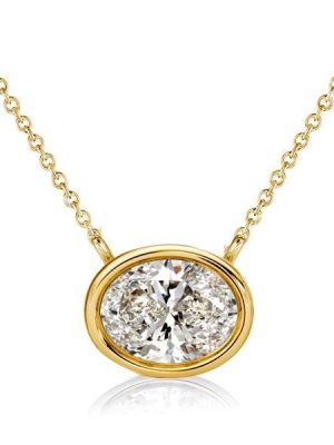 Oval Cut Bezel Setting Diamond Accent Short Necklace for Women in 925 Sterling Silver