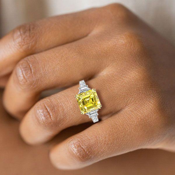 Asscher Cut Three Stone Engagement Ring - Sterling Silver, Milgrain Detail