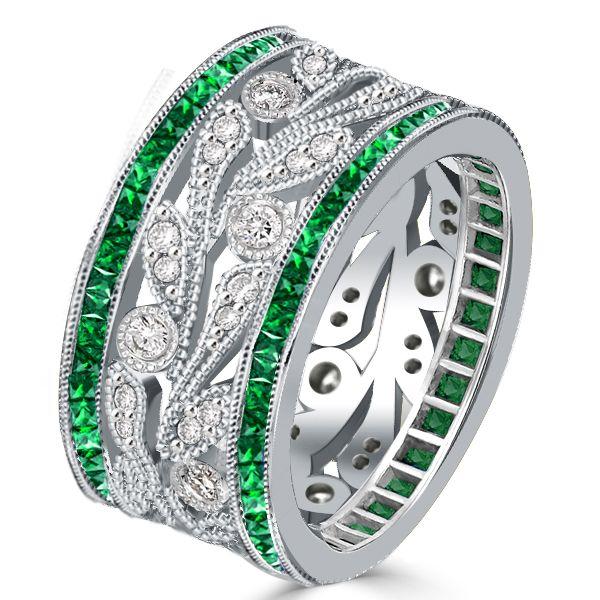 Round White Simulated Diamond Wedding Band - Sterling Silver Princess Cut Emerald Sapphire