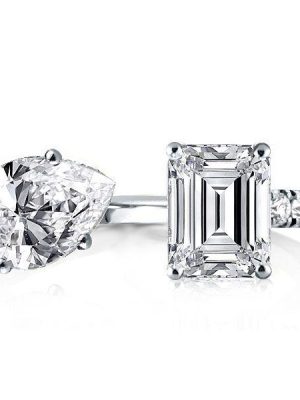 Pear & Emerald Cut Simulated Diamond Twin Ring - Sterling Silver