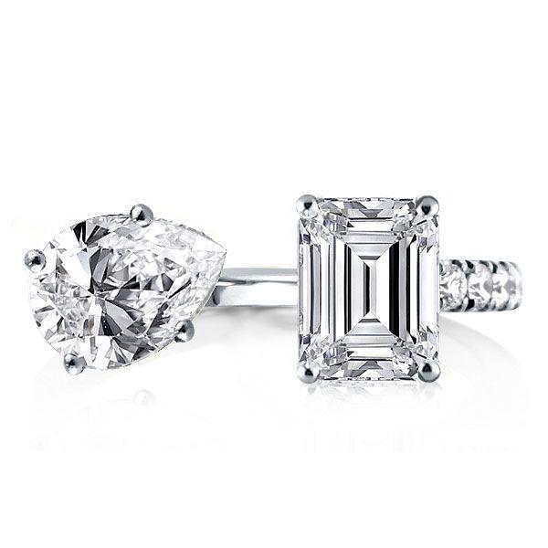 Pear & Emerald Cut Simulated Diamond Twin Ring - Sterling Silver