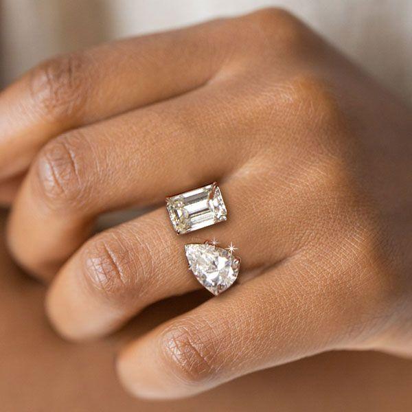 Pear & Emerald Cut Simulated Diamond Twin Ring - Sterling Silver