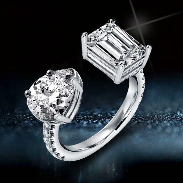 Pear & Emerald Cut Simulated Diamond Twin Ring - Sterling Silver