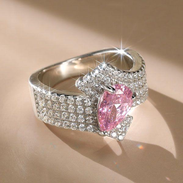 Pear Cut Pink Simulated Diamond Ring - Sterling Silver Unique Engagement Ring