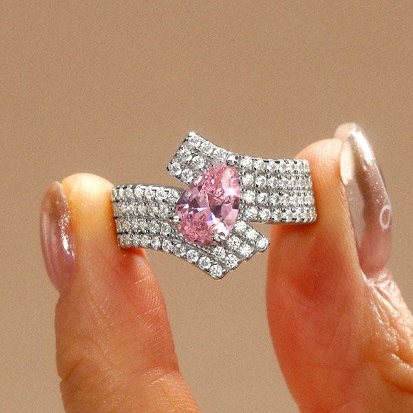 Pear Cut Pink Simulated Diamond Ring - Sterling Silver Unique Engagement Ring