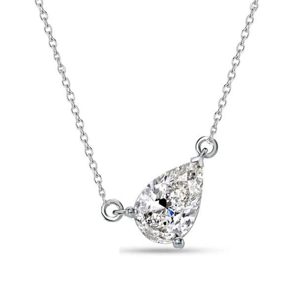 Solitaire Pear Shaped Pendant Necklace in Rhodium Plated Sterling Silver