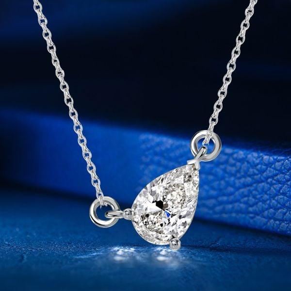 Solitaire Pear Shaped Pendant Necklace in Rhodium Plated Sterling Silver