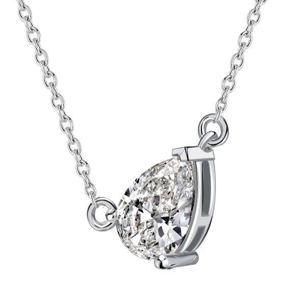 Solitaire Pear Shaped Pendant Necklace in Rhodium Plated Sterling Silver