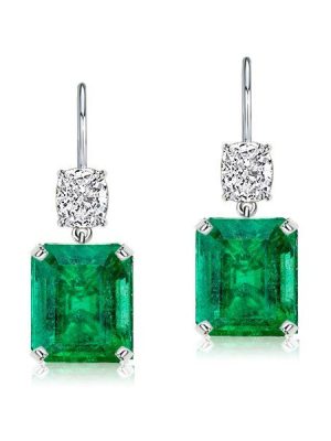 Emerald & Cushion Cut Green Drop Earrings in Sterling Silver