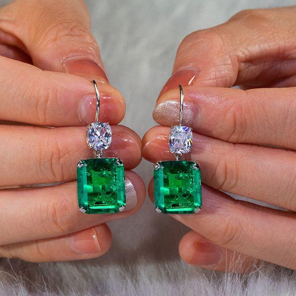 Emerald & Cushion Cut Green Drop Earrings in Sterling Silver