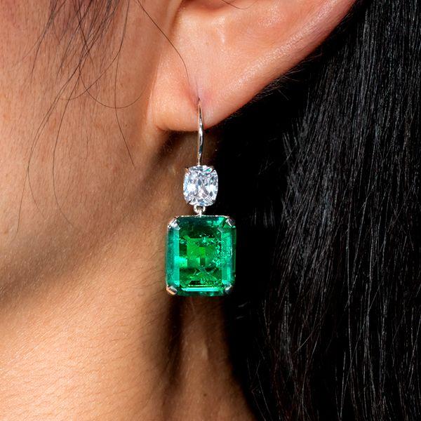 Emerald & Cushion Cut Green Drop Earrings in Sterling Silver