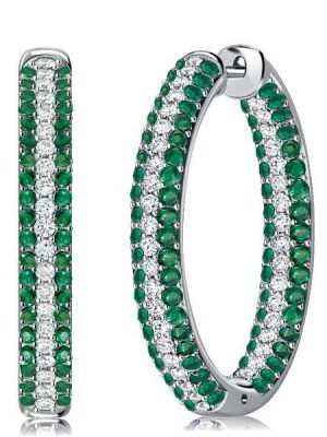 Emerald Green Pave Hoop Earrings - Sterling Silver Oval Hoops