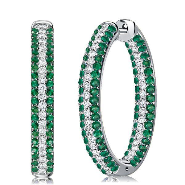 Emerald Green Pave Hoop Earrings - Sterling Silver Oval Hoops