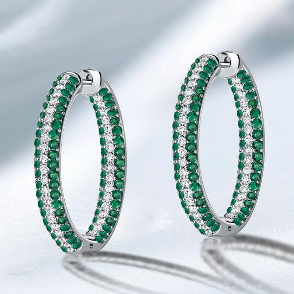 Emerald Green Pave Hoop Earrings - Sterling Silver Oval Hoops