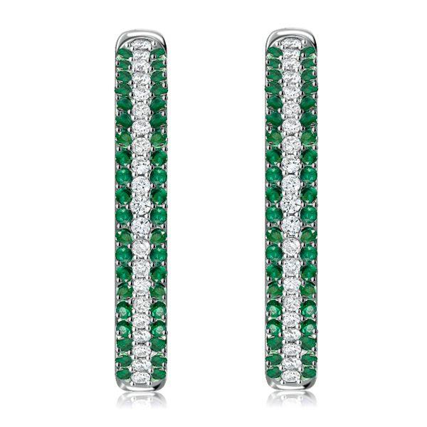 Emerald Green Pave Hoop Earrings - Sterling Silver Oval Hoops