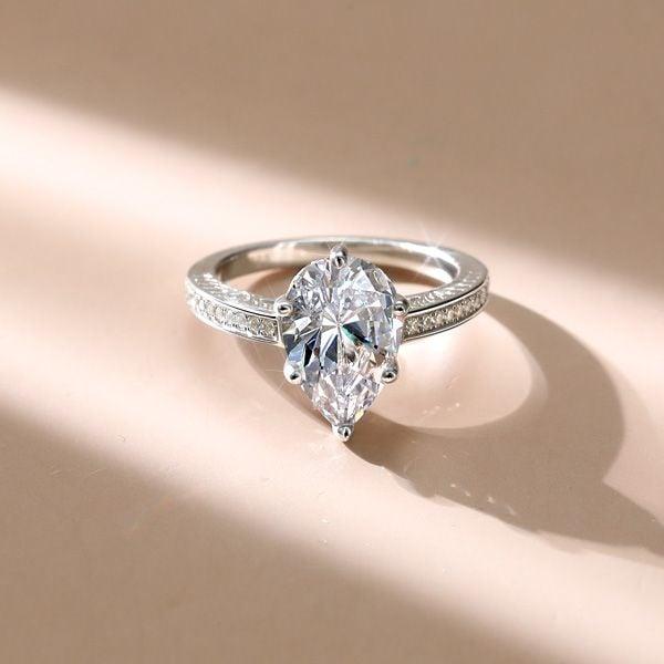 Vintage Pear Cut Engagement Ring in Rhodium-Plated Sterling Silver