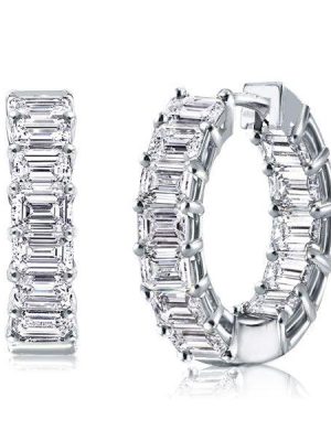 Emerald Cut White Sapphire Hoop Earrings in Sterling Silver