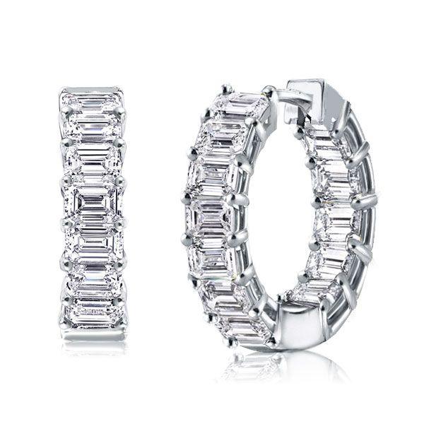 Emerald Cut White Sapphire Hoop Earrings in Sterling Silver