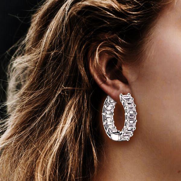 Emerald Cut White Sapphire Hoop Earrings in Sterling Silver