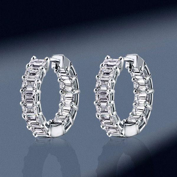 Emerald Cut White Sapphire Hoop Earrings in Sterling Silver