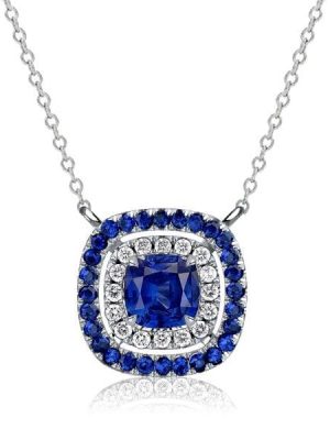 Sterling Silver Double Halo Blue Sapphire Cushion Cut Pendant Necklace