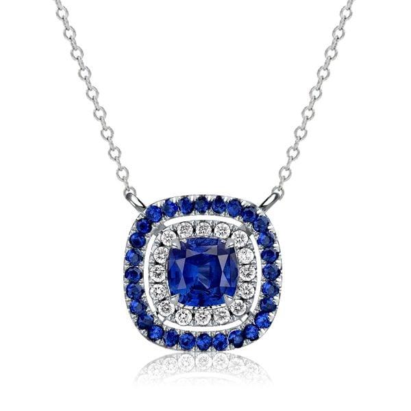 Sterling Silver Double Halo Blue Sapphire Cushion Cut Pendant Necklace