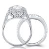 Art Deco Three Stone White Sapphire Halo Bridal Ring Set in Sterling Silver