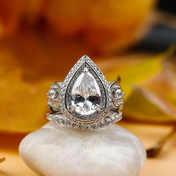 Art Deco Three Stone White Sapphire Halo Bridal Ring Set in Sterling Silver