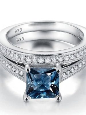 Princess Cut Blue Topaz Bridal Set Engagement Ring Set in 925 Sterling Silver