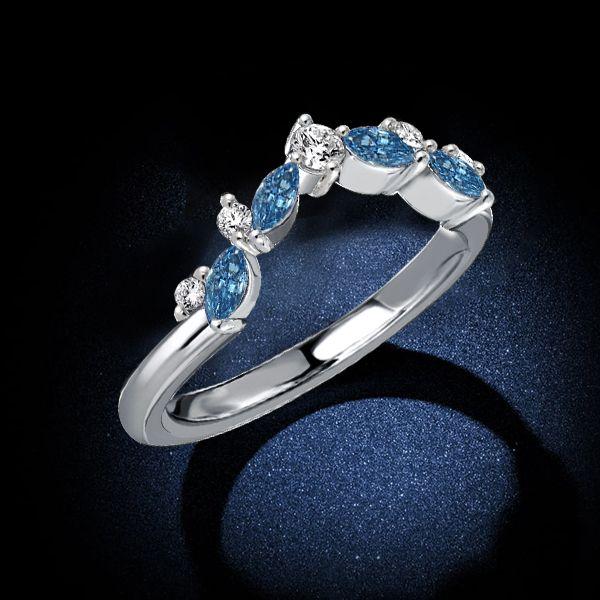 Blue Sapphire Wedding Band - Round & Marquise Cut - Sterling Silver