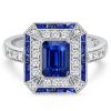 Art Deco Emerald Cut Blue Sapphire Engagement Ring in Sterling Silver