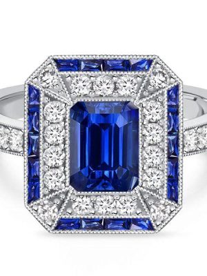 Art Deco Emerald Cut Blue Sapphire Engagement Ring in Sterling Silver